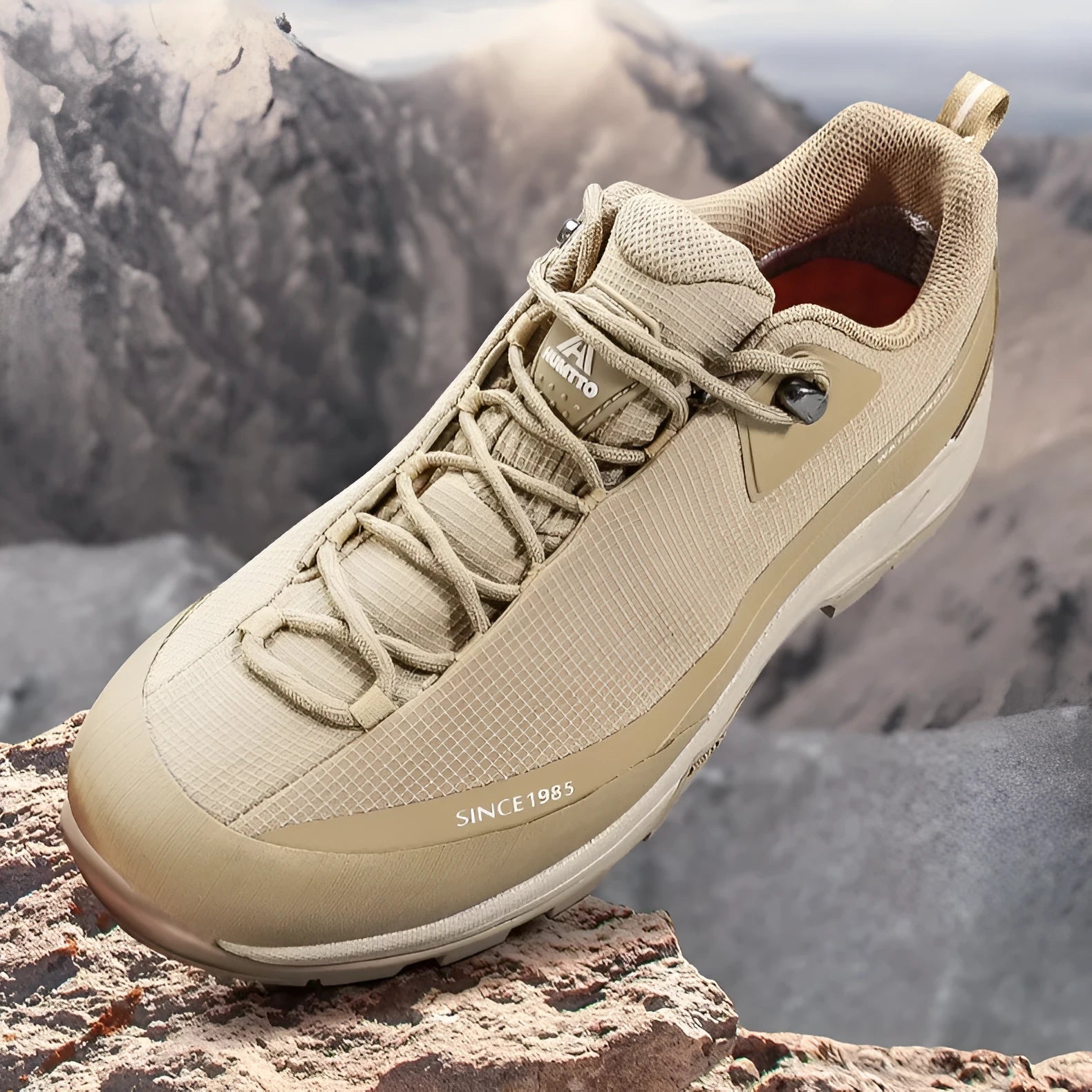 Men's low-top mountain climbing shoes in black with non-slip rubber soles and lace-up front closure