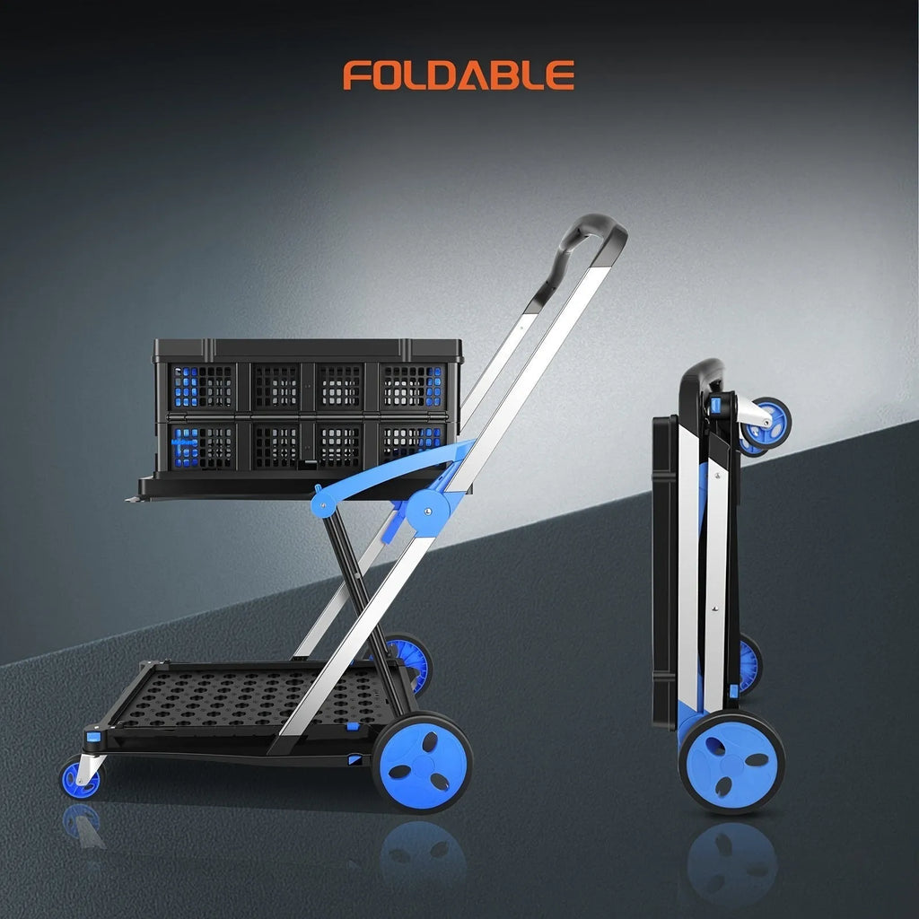 Blue foldable shopping trolley with a double-layer plastic basket and wheels.