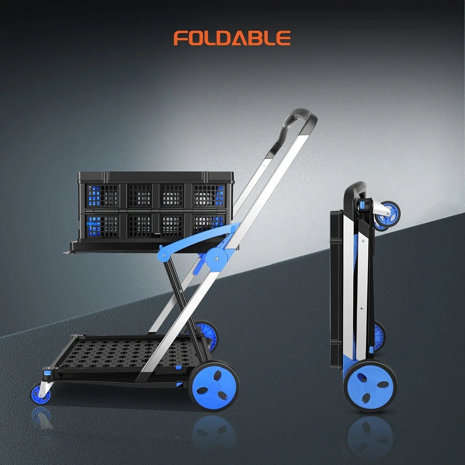 Blue foldable shopping trolley with a double-layer plastic basket and wheels.
