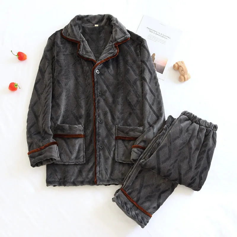 Dark gray men's and milky white women's flannel polyester pyjama set with top and pants