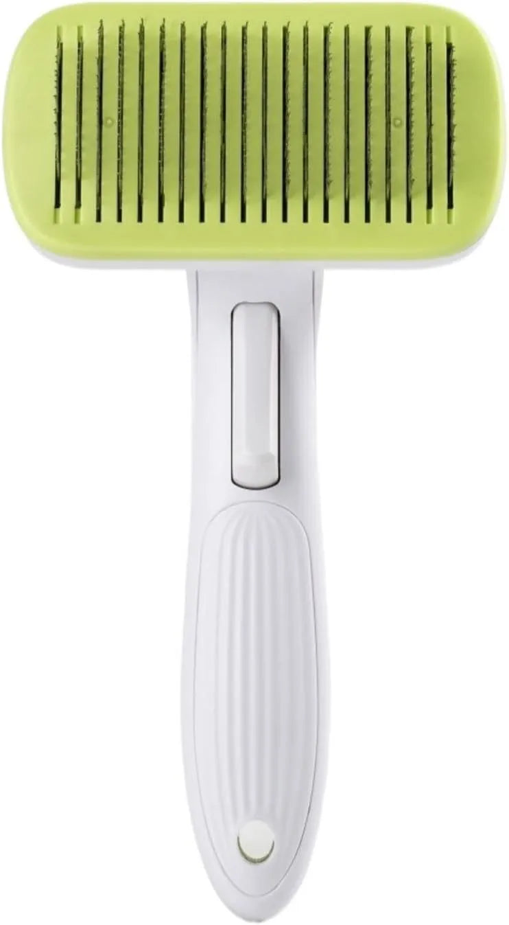 Blue automatic pet hair removal comb with a one-click button, shown on a grey background.