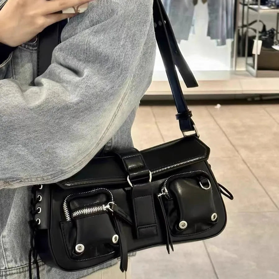 Black women's underarm baguette messenger bag with adjustable shoulder strap