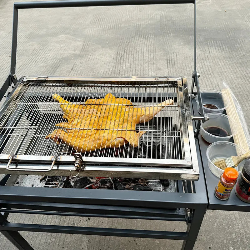 Large foldable charcoal BBQ stove with detachable components and grill accessory for outdoor cooking