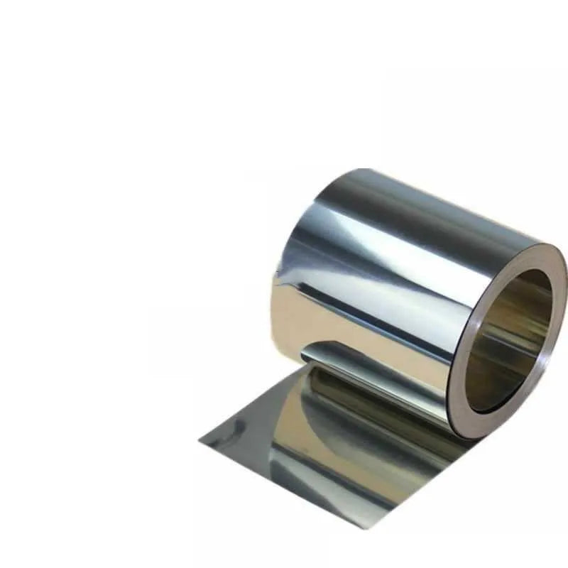 Close-up of a rolled 304 stainless steel strip with leather backing, showing various thickness and width options on a workshop bench.