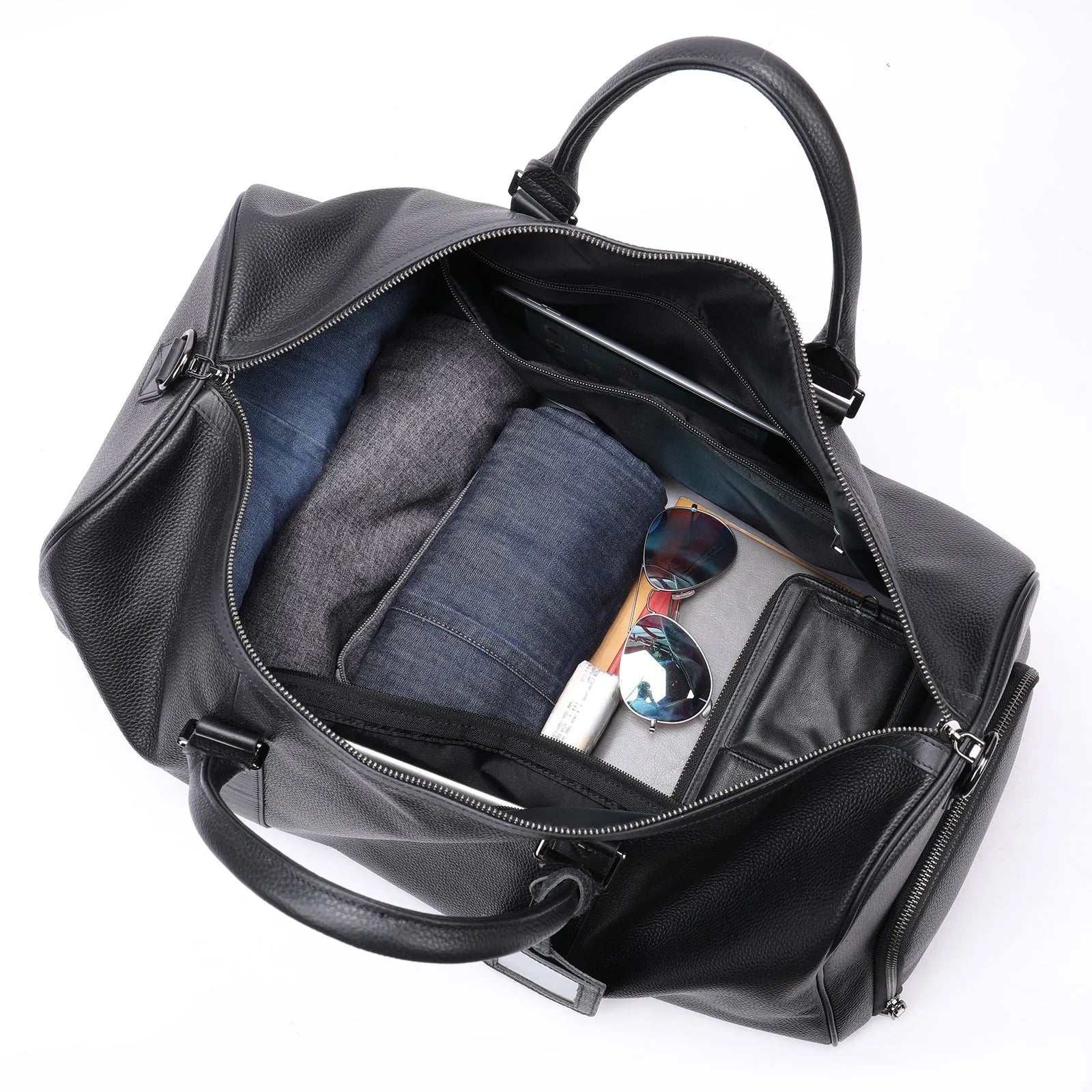 Men's black leather tote bag with single shoulder strap, shown in 44cm and 55cm length options