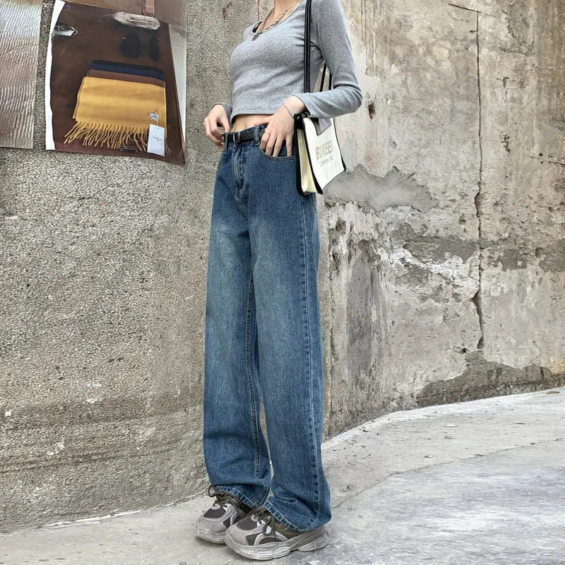 Women's retro blue straight-leg jeans with high waist in three length variations