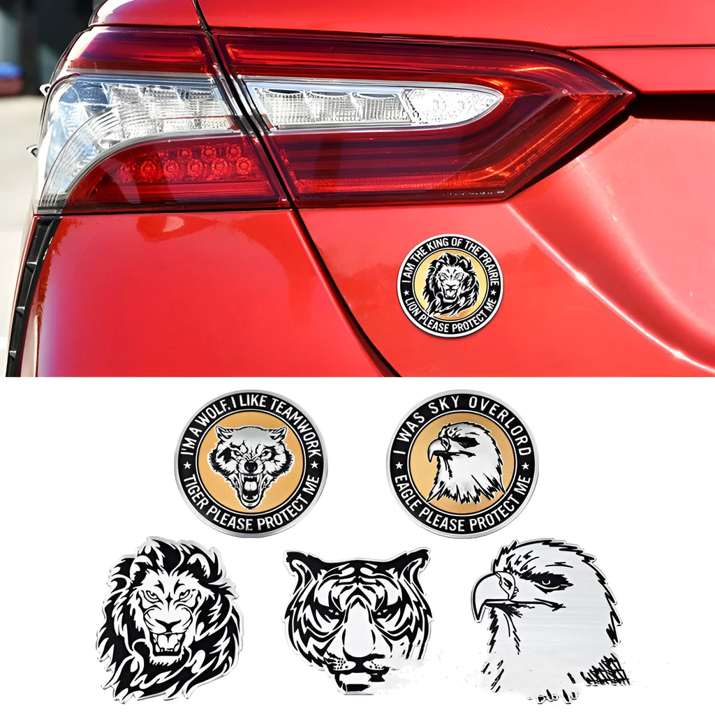 Aluminium car sticker badges with animal motifs including lion, eagle and tiger designs