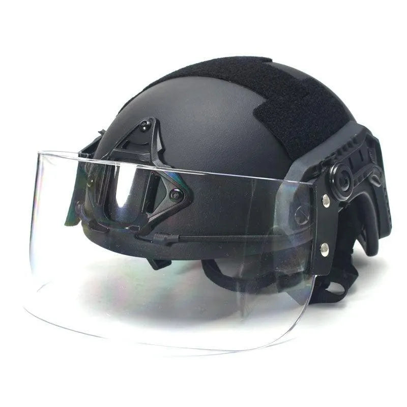 Transparent polycarbonate helmet face mask with windproof lens and guide rail mounting