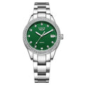 Silver fashion quartz watch for women with diamond-encrusted bezel and luminous dial on a 34mm stainless steel case.