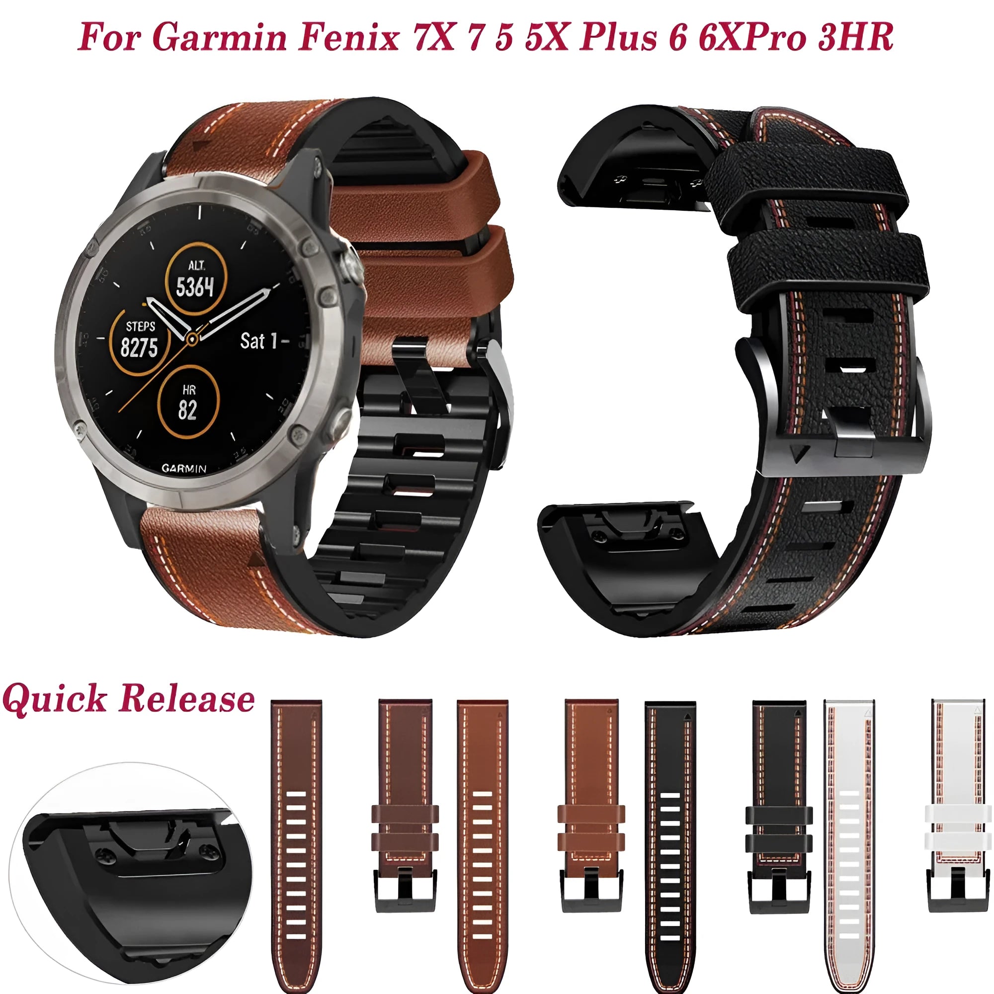 Quick release silicone leather watchband for Garmin Fenix smartwatches in multiple colours