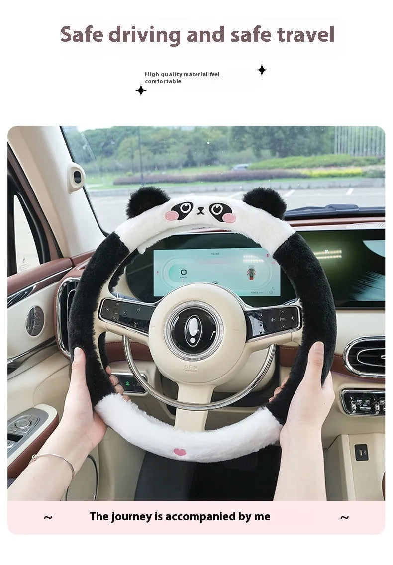 Rabbit fur winter steering wheel cover with cartoon embroidery in 38cm diameter
