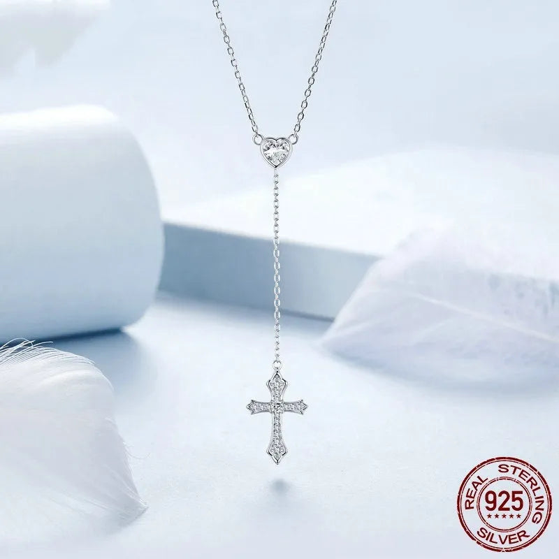 925 silver Love Cross pendant necklace with V-neck design and O-ring chain in BSN384 colour.