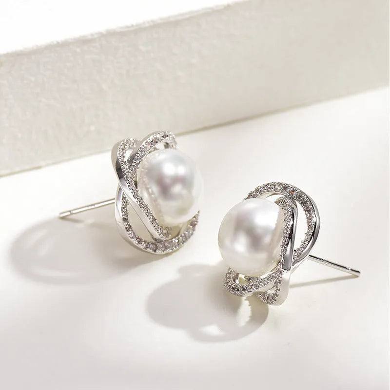 Diamond rose pearl stud earrings in white gold colour with rhinestone inlay on copper base