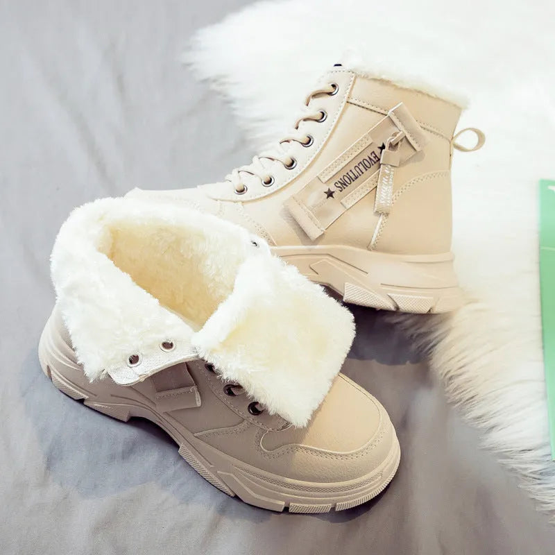 Women's plus size fleece-lined tall snow boots with mid heel and round toe in three colour options