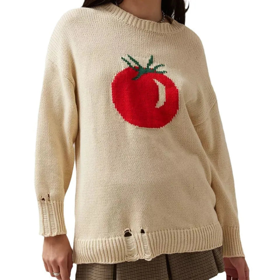 Women's loose-fitting round neck acrylic sweater with jacquard knit texture in a beige colour.