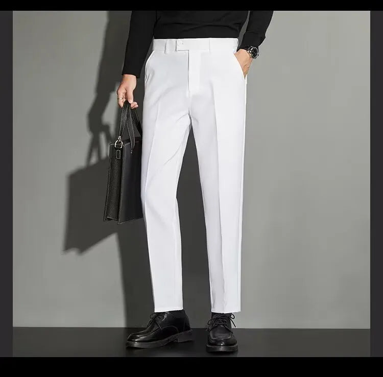 Men's straight-leg ankle-length suit trousers in a chemical fibre blend fabric shown in a classic colour.