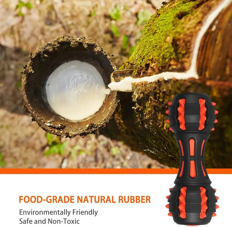 Red natural rubber dumbbell-shaped dog chew toy for aggressive chewers