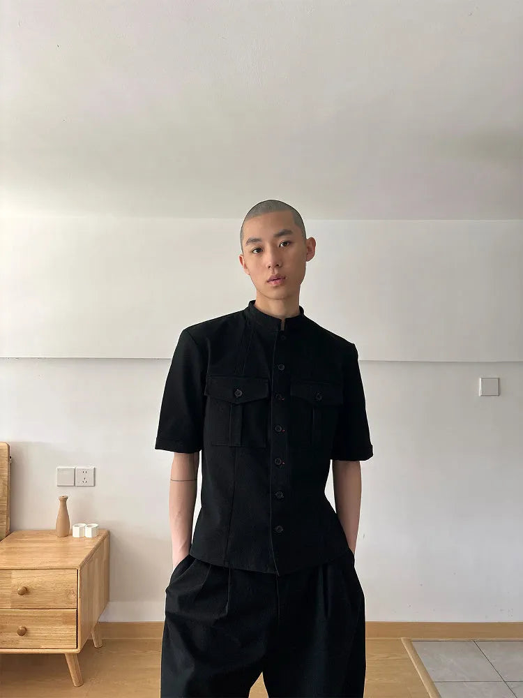 Handmade black hunting shirt with half sleeves and shirt collar for red eye hunting activities