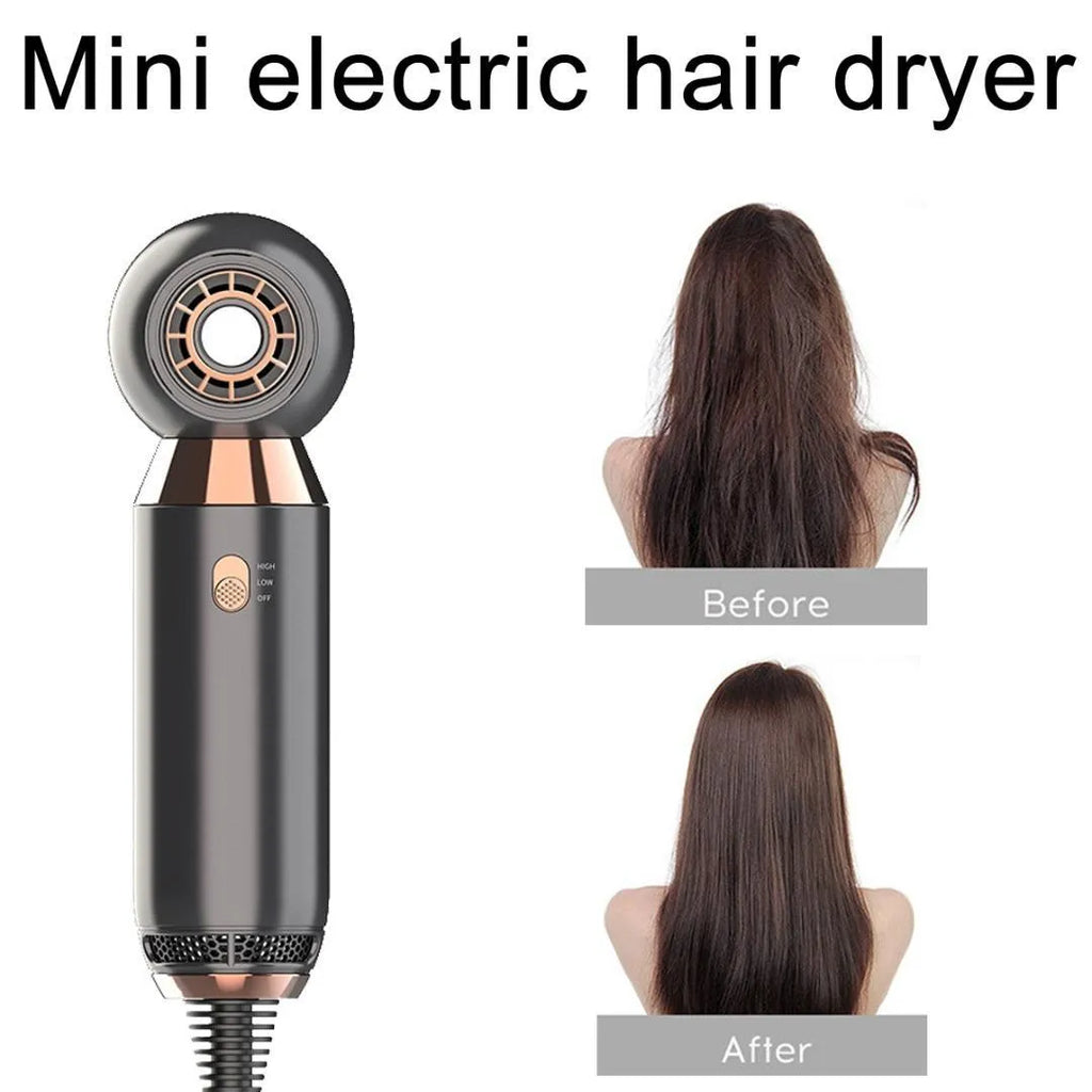 Compact white hair dryer with diffuser attachment showing 20cm length and lightweight design