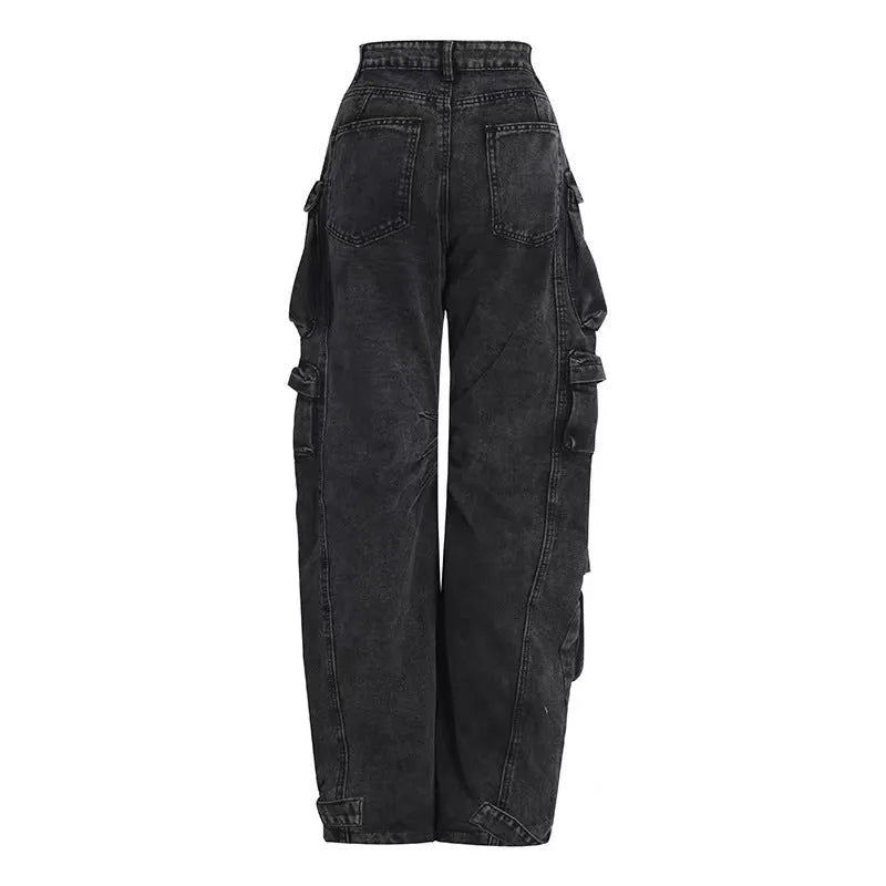 Women's high waist wide leg trousers with multi-pocket street hipster design in tie-dyed blue denim