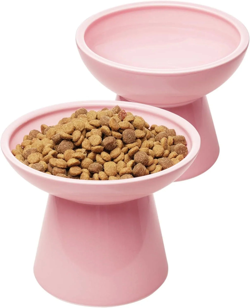 Blue ceramic elevated cat food bowl with wide shallow dish and raised base