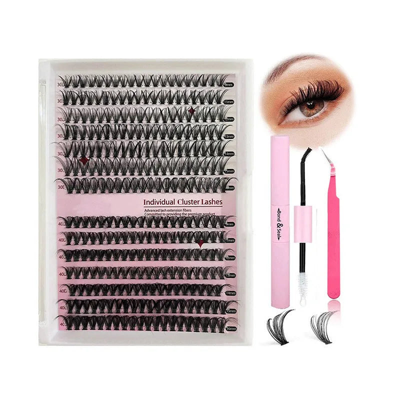 DIY cluster lashes mixed package showing 30D and 40D false eyelashes in 9-16mm lengths with application tweezers