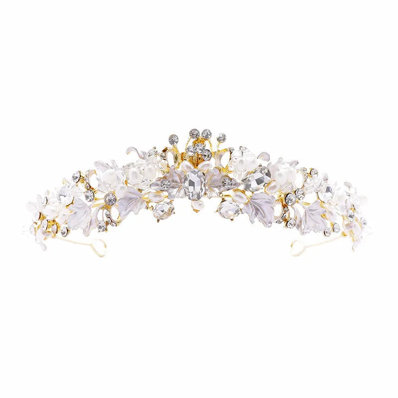 Gold and silver alloy pearl crown headdress for women's weddings and formal events.