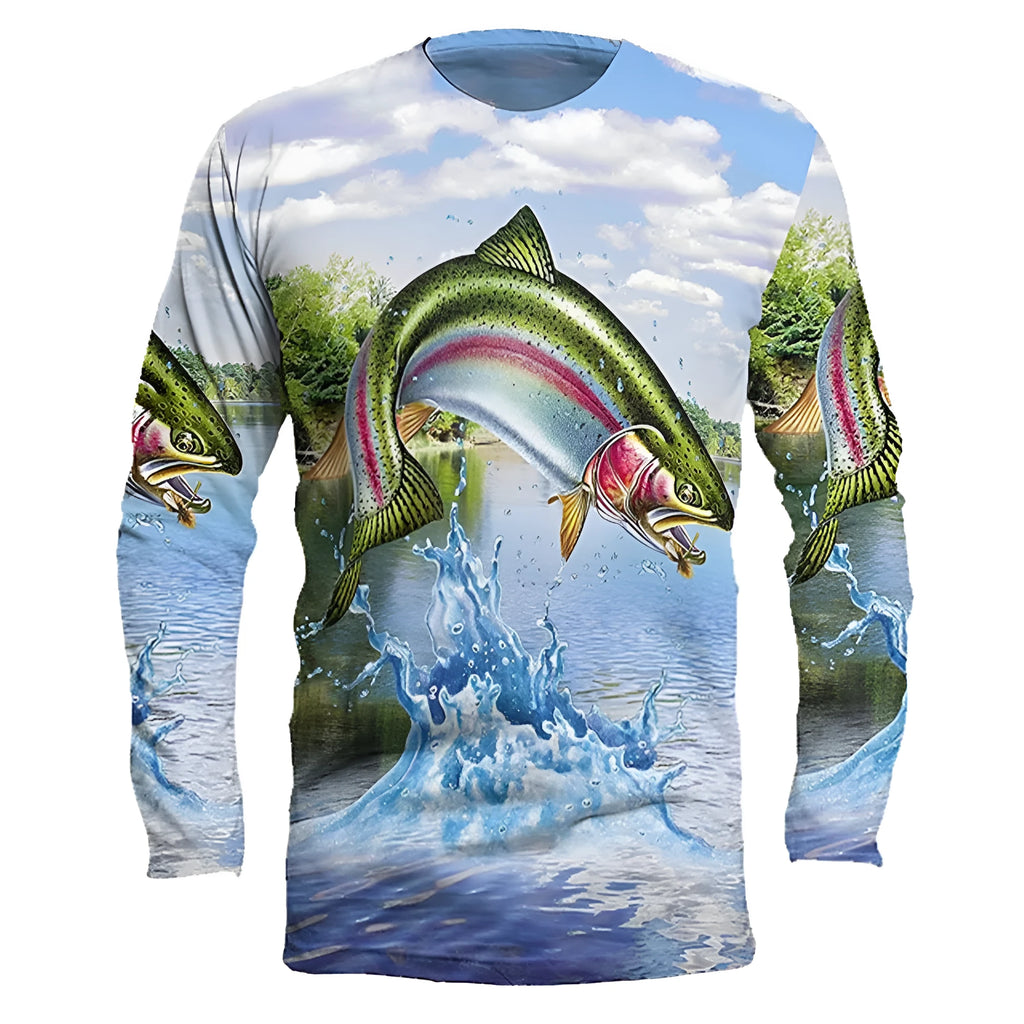Men's grey long-sleeved pullover with a colourful fish graphic print on the chest.
