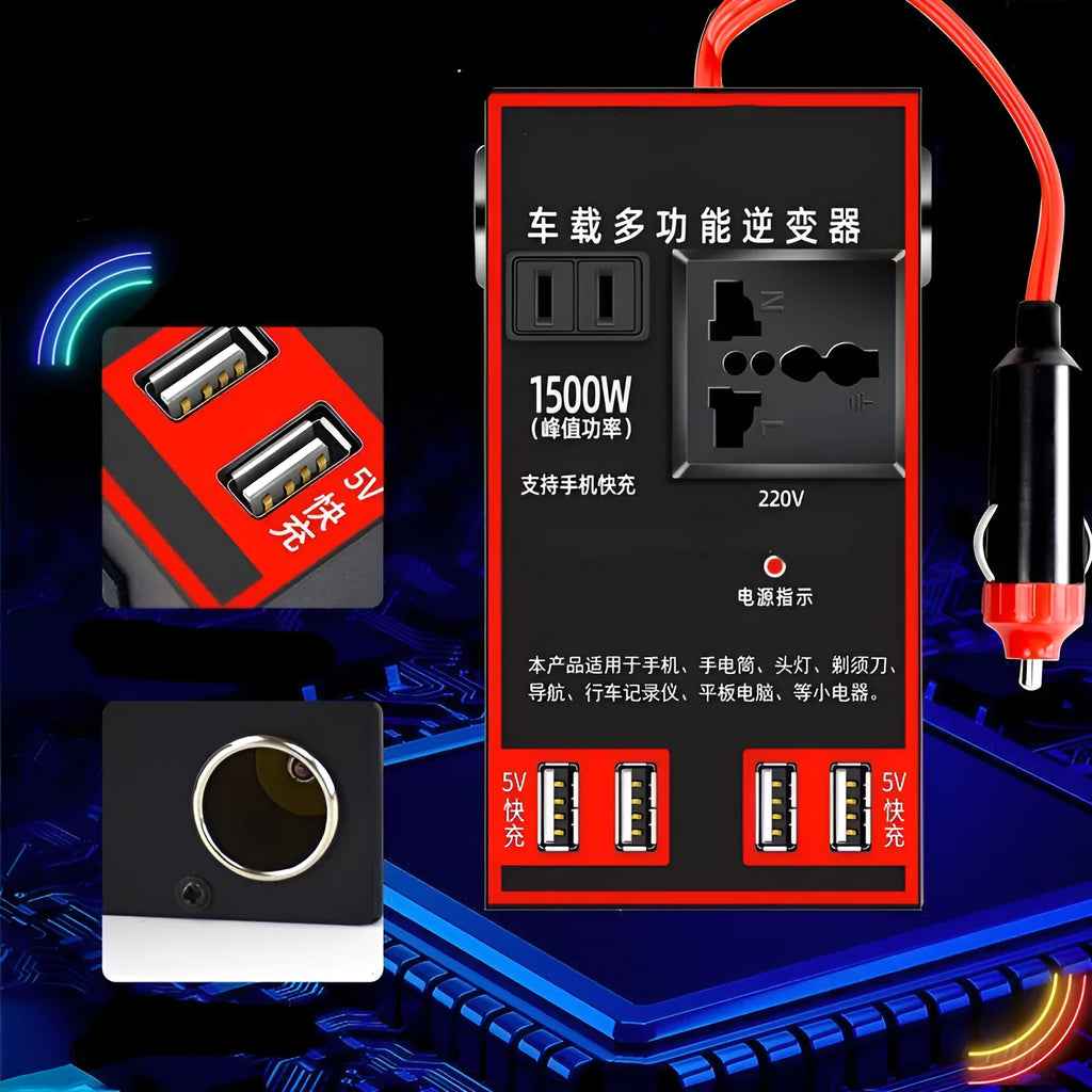 Black automotive power converter for 12V 24V to 220V conversion with USB charging ports