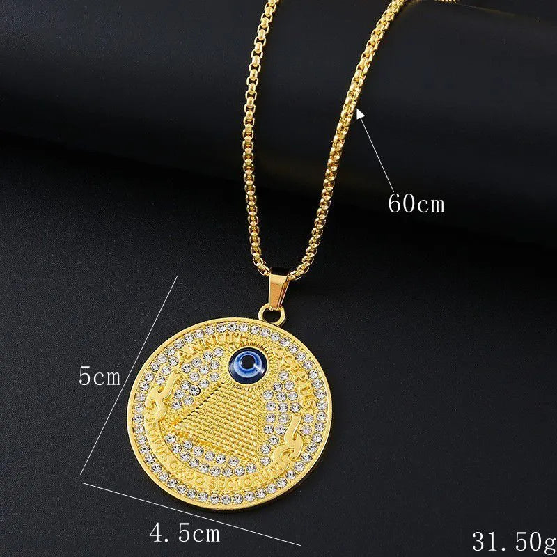 Gold geometric women's necklace with sparkling zircon stones on a model.