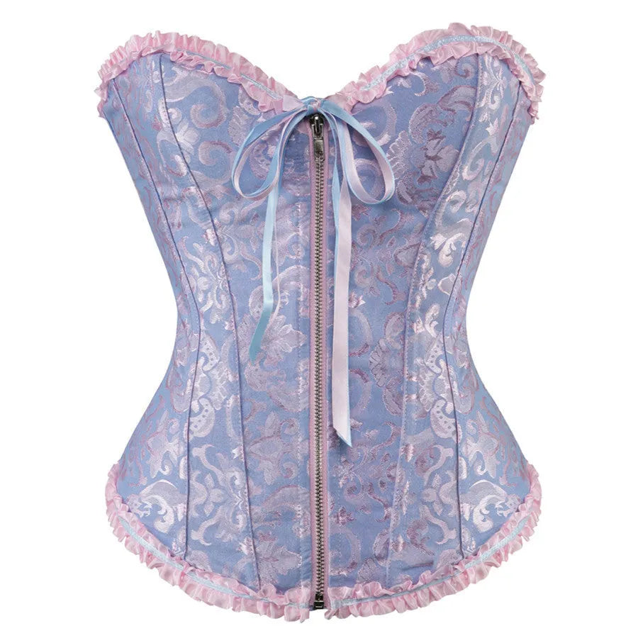 Women's black and red jacquard spandex corset with front zipper closure for waist support.