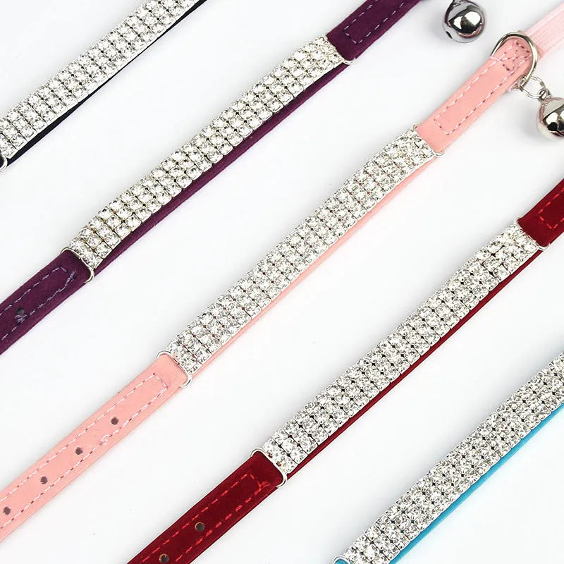 Suede velvet cat collar with rhinestone detailing showing adjustable 20-30 cm sizing