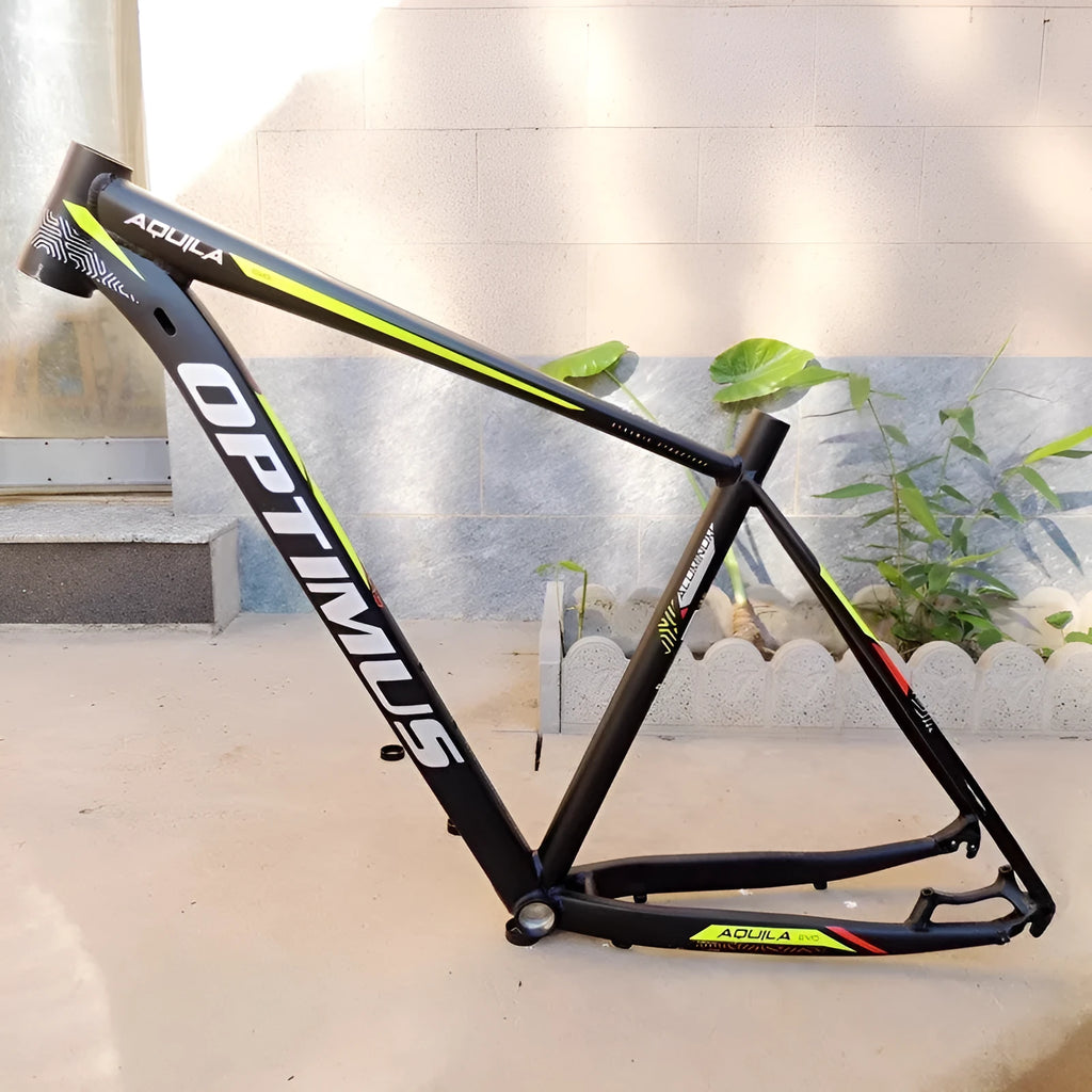 Black Green 29-inch aluminium mountain bike frame with disc brake mounts and inner line routing.