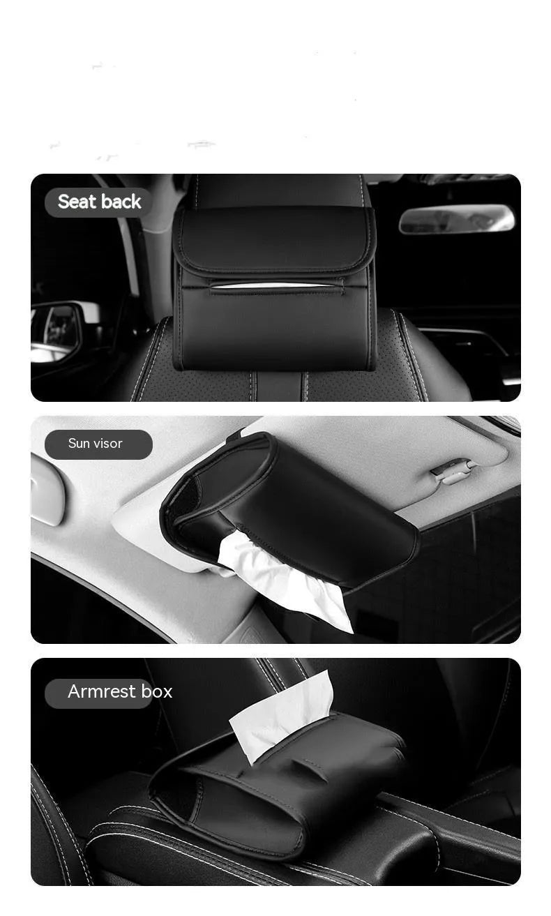 Leather car tissue box mounted on car sun visor with elastic band button fastening