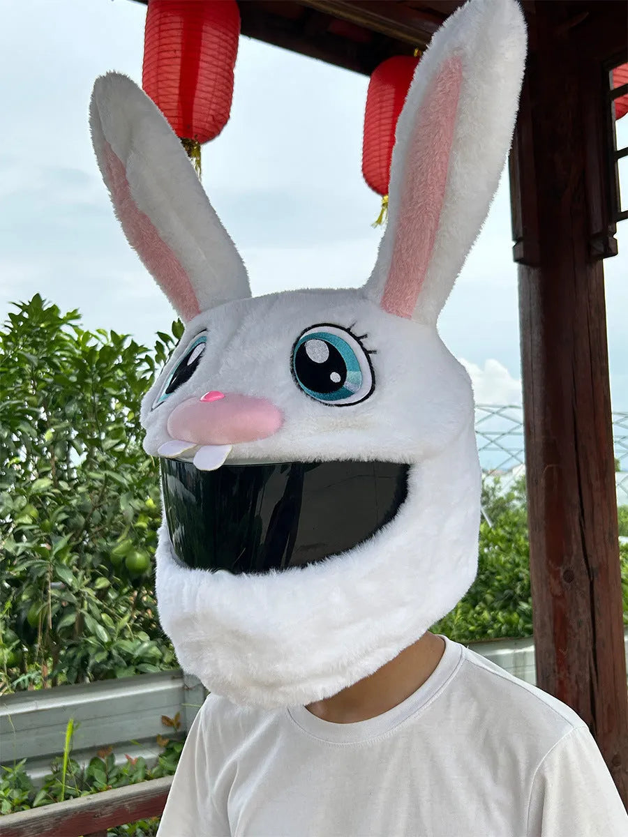 White plush rabbit head helmet cover for electric motorcycle with long ears and needle plush detailing