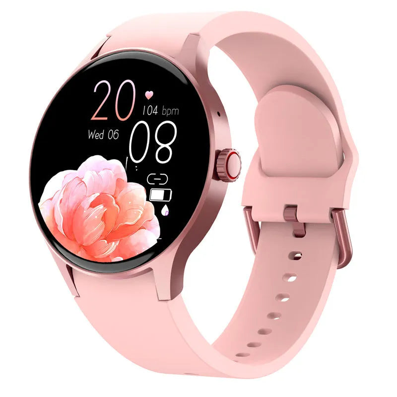 Bluetooth smart sport watch with round colour touch screen and IP68 waterproof rating in black, blue, pink, or red