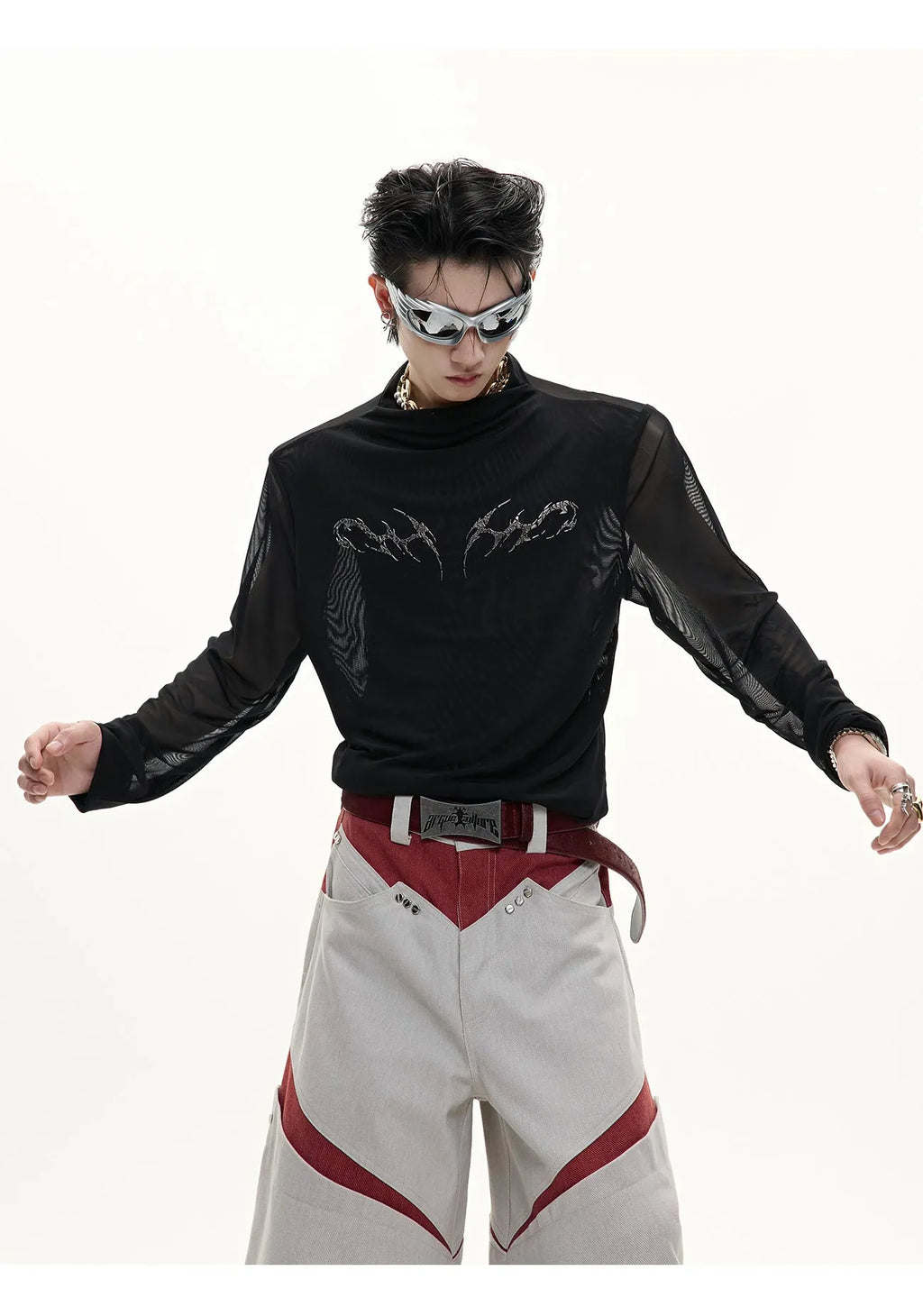 Black niche mesh slim-fit long sleeve bottoming shirt laid flat, showing trendy style and texture.