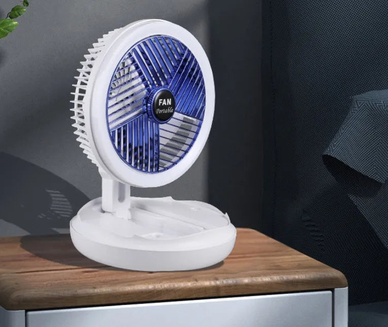 Blue USB charging foldable table fan with LED light showing wall mounting option and 300° tilt adjustment