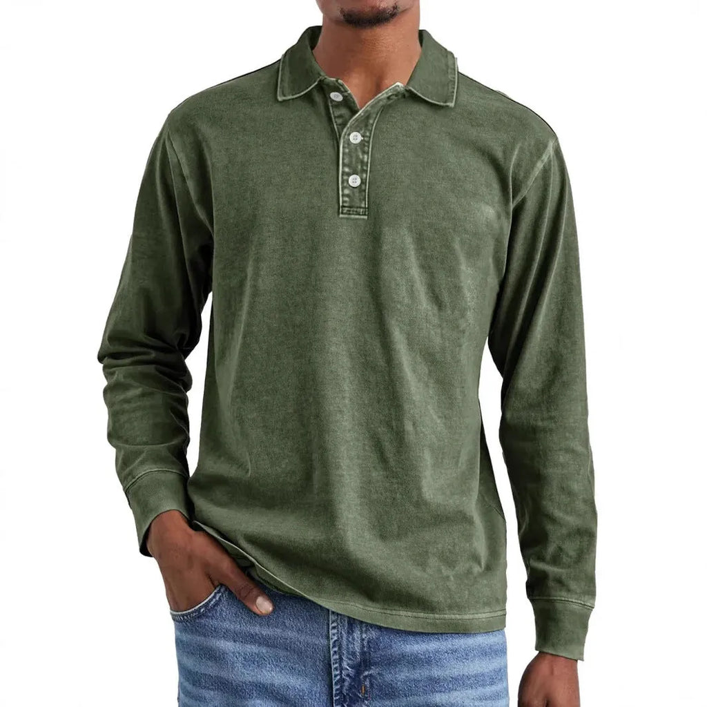 Men's retro washed distressed cotton lapel polo shirt in Army Green colour showing long sleeves and pointed collar