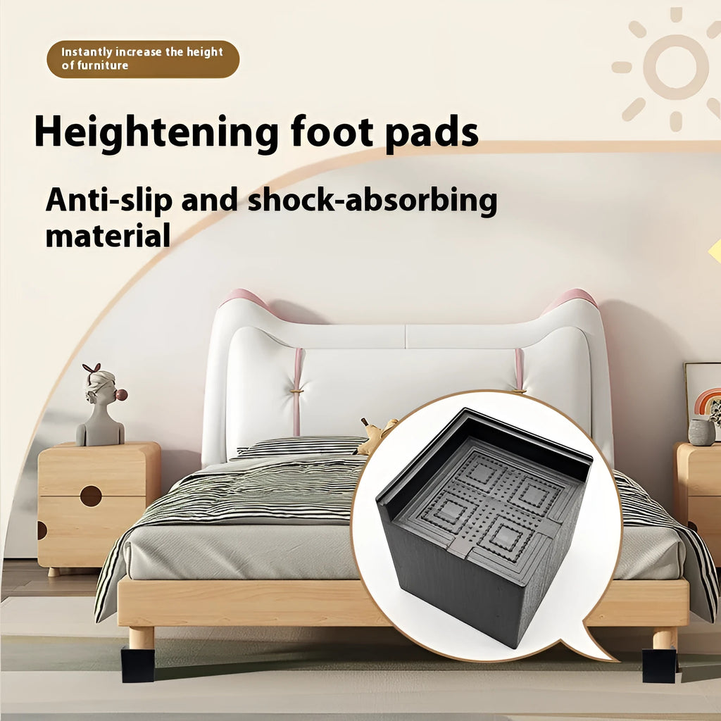 Four black plastic bed foot risers for furniture height adjustment