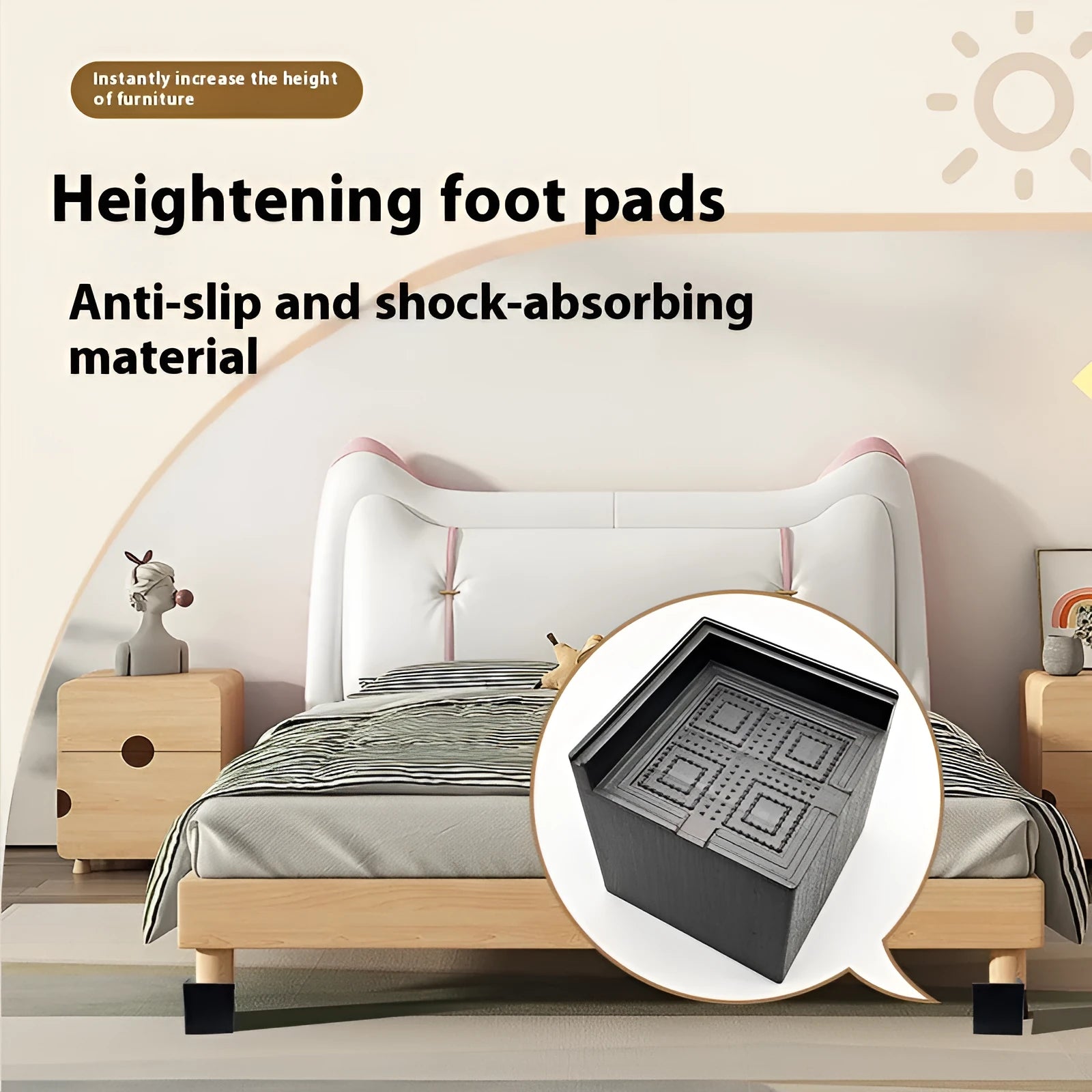 Four black plastic bed foot risers for furniture height adjustment