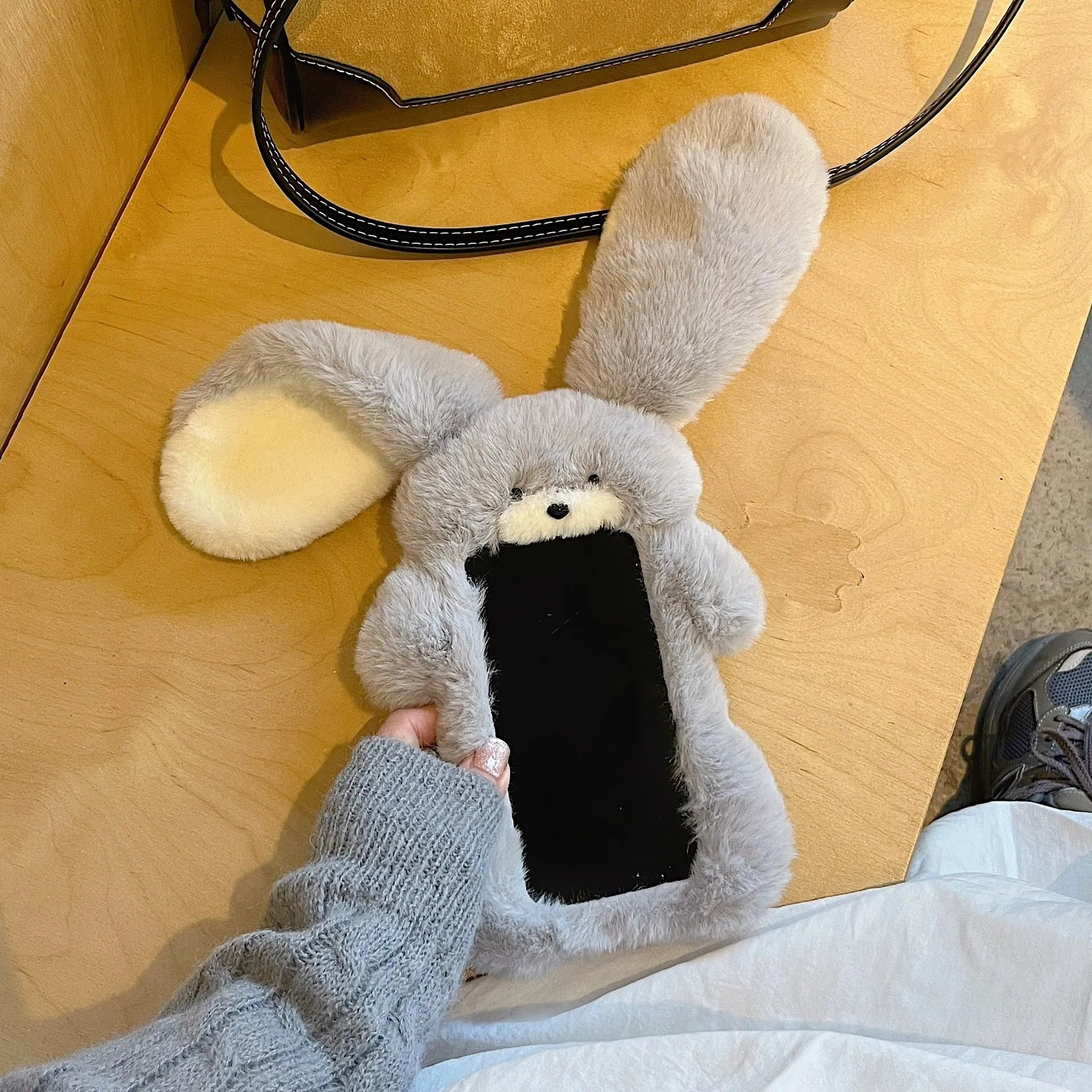 Plush long-eared rabbit phone case for iPhone, rabbit colour, soft fabric cover