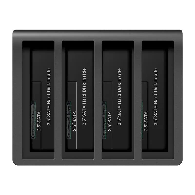 Four-bay external hard drive docking station with USB cable and power adapter