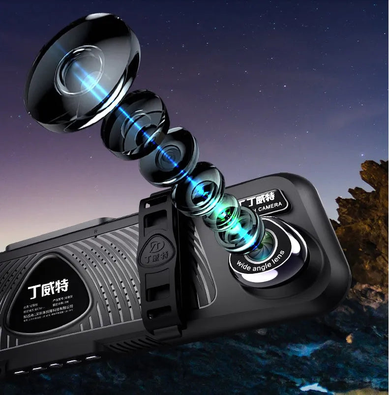 R9 8 inch black driving recorder with dual lens on windscreen showing 1080p display