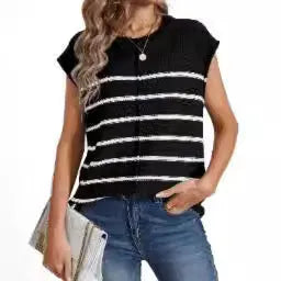 A women's striped sleeveless pullover vest in apricot colour with bone stitching detail.
