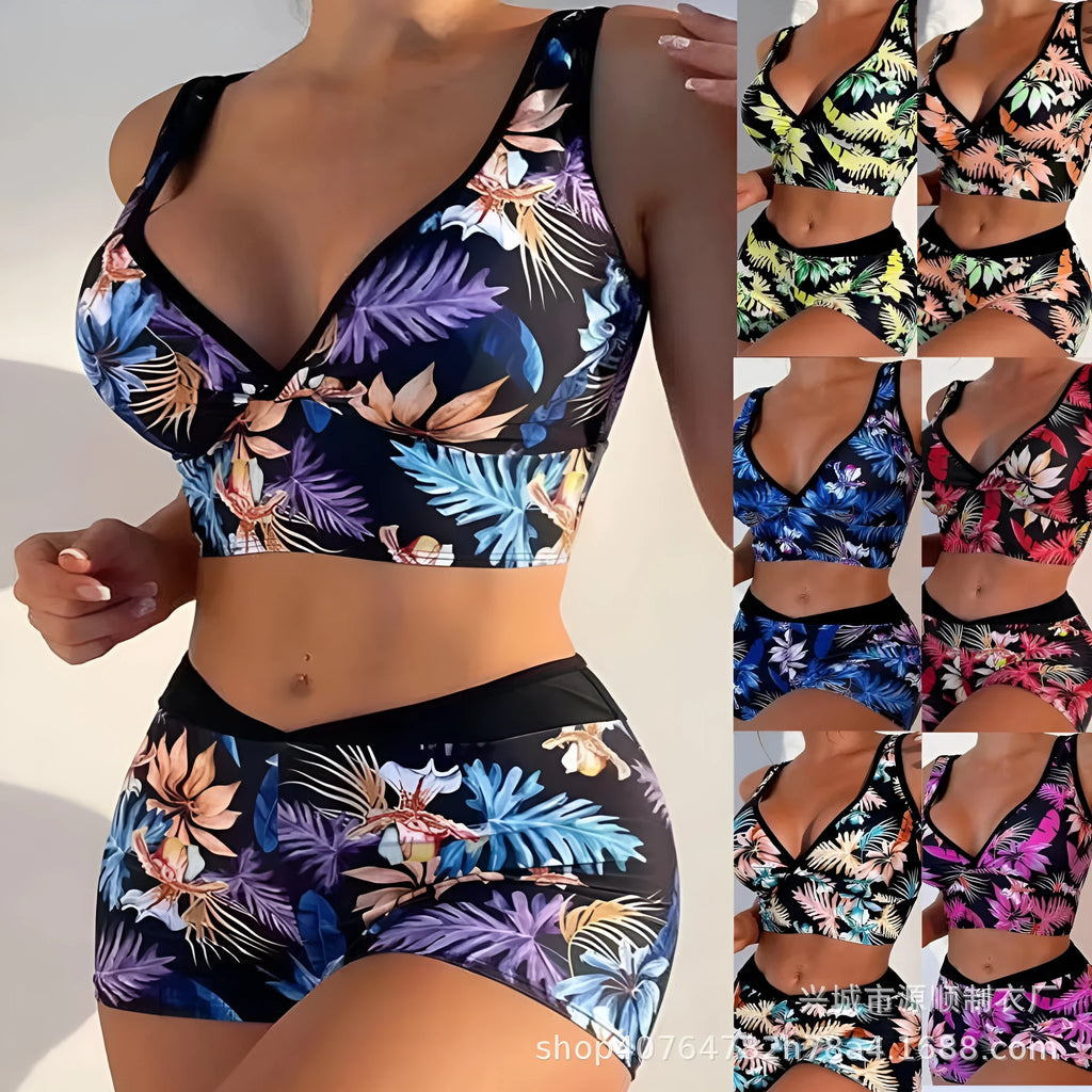 Women's two-piece swimsuit with printed boxer shorts in multi-colour pattern