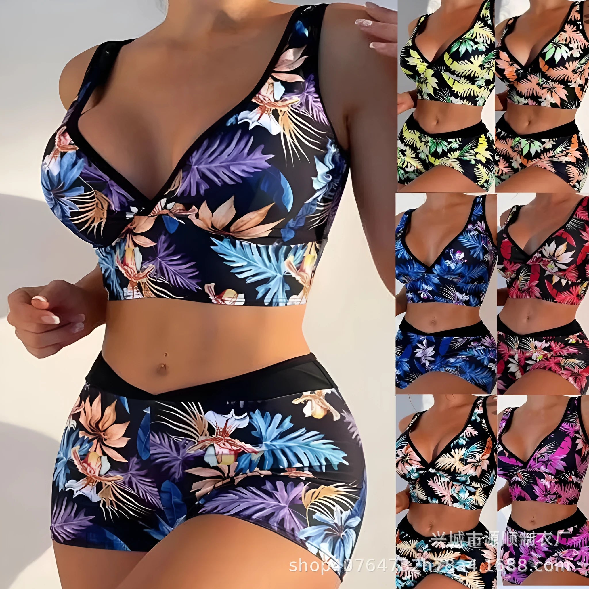 Women's two-piece swimsuit with printed boxer shorts in multi-colour pattern