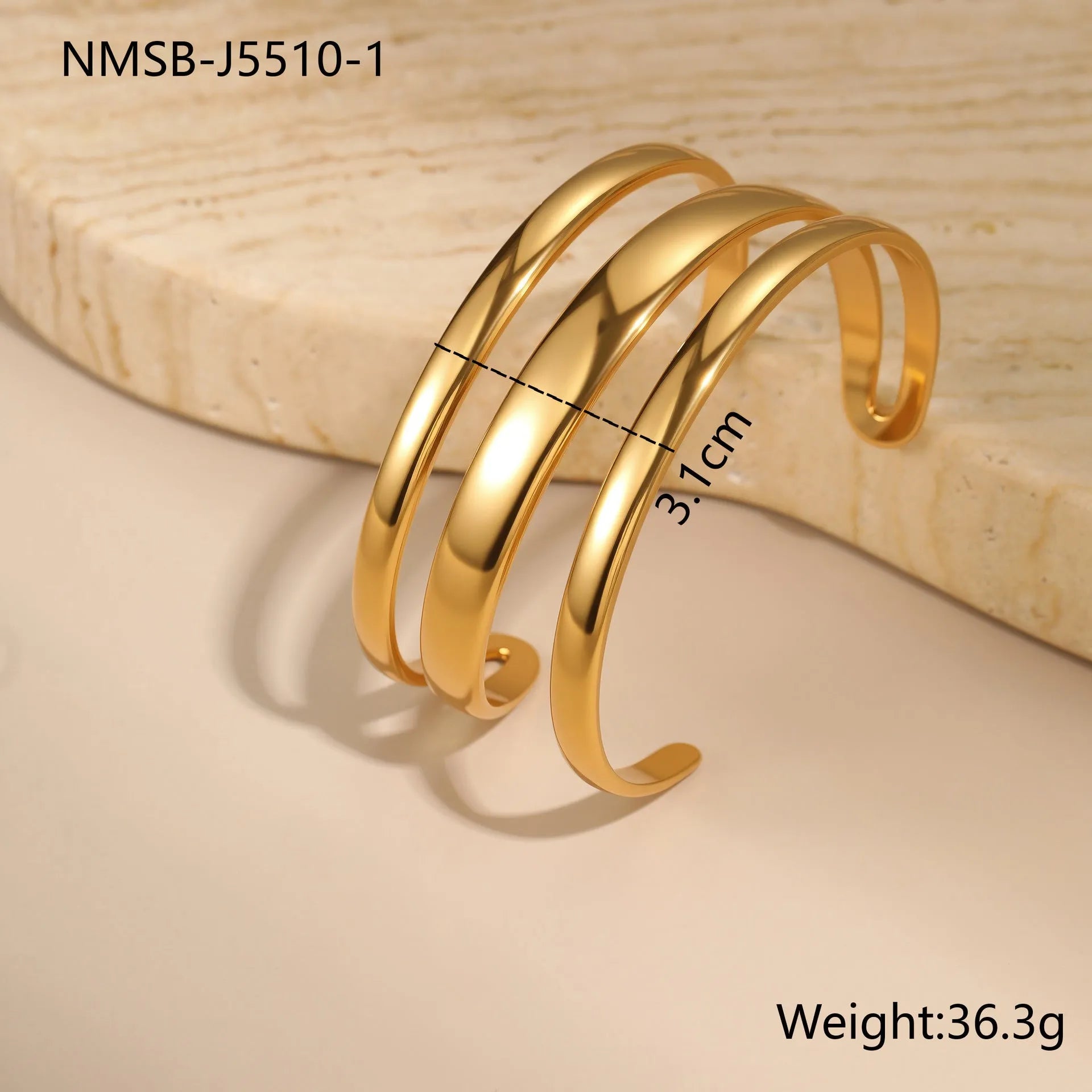Stainless steel women's bracelet with geometric design and 18K gold electroplating in gold and steel colour options