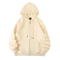 Men's beige heavyweight zip-front hooded cardigan sweater on a hanger.