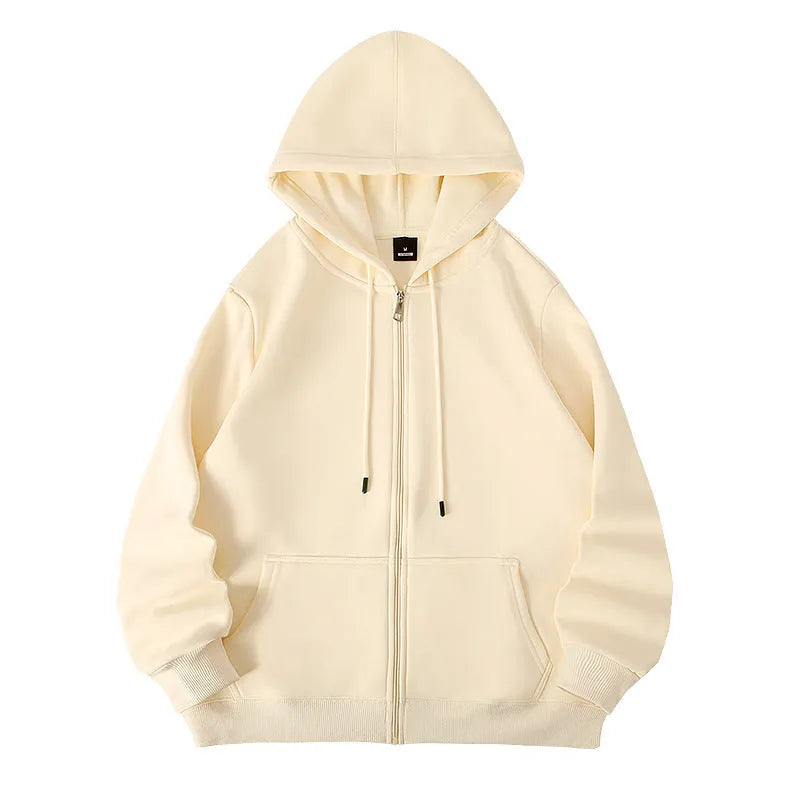 Men's beige heavyweight zip-front hooded cardigan sweater on a hanger.